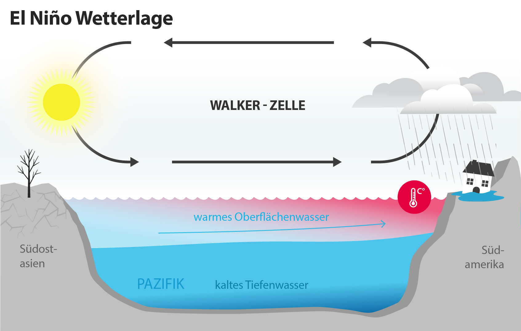 Grafik, die zeigt, wie sich der Pazifik bei El Nino erwärmt