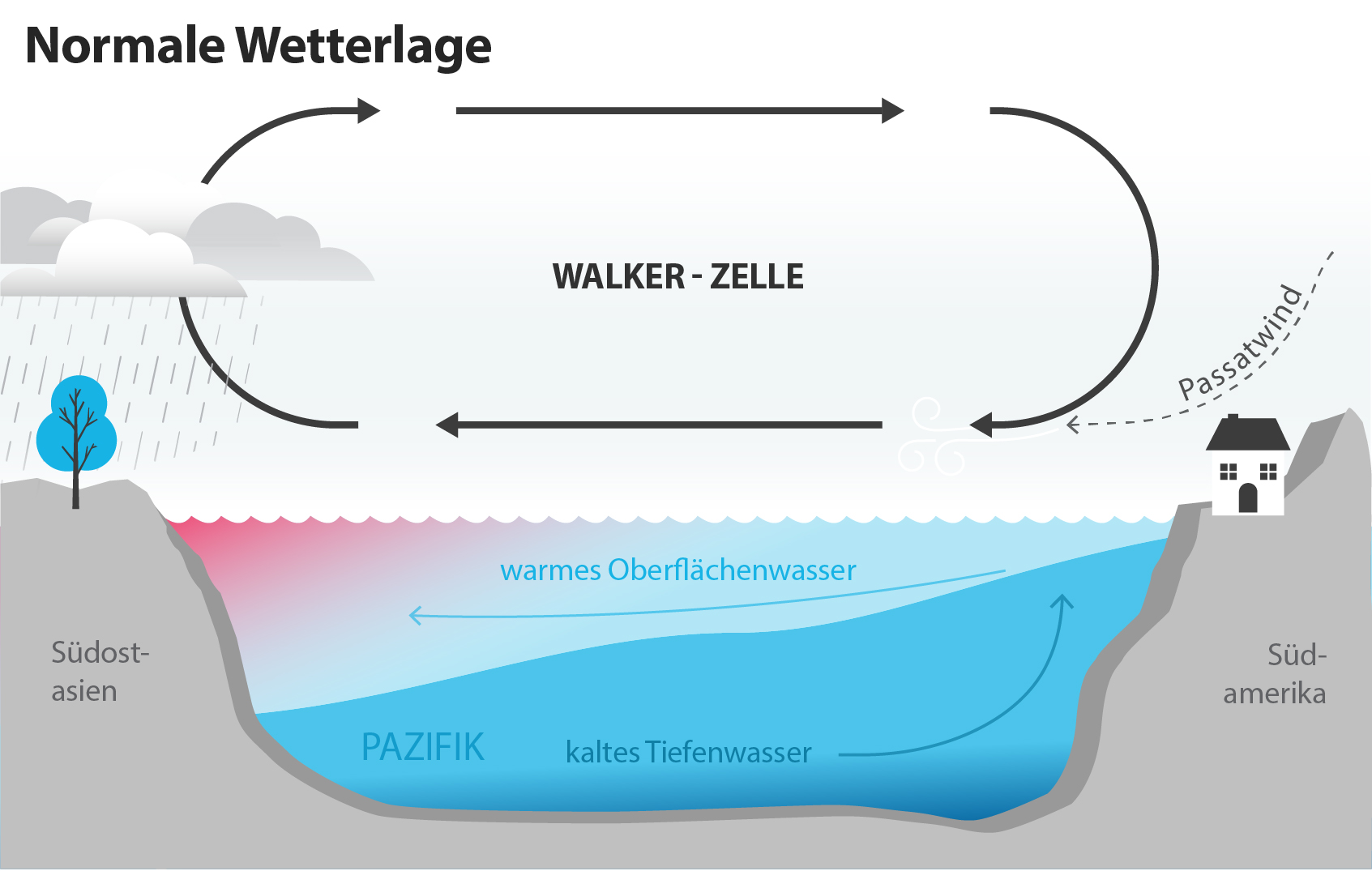 Grafik, die zeigt, wie warm der Pazifik unter normalen Wetterbedingungen an den Küsten ist