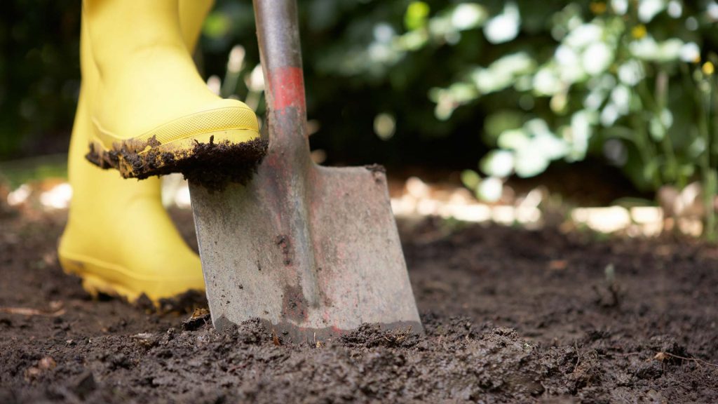Ein Person gräbt im Garten den Boden um.