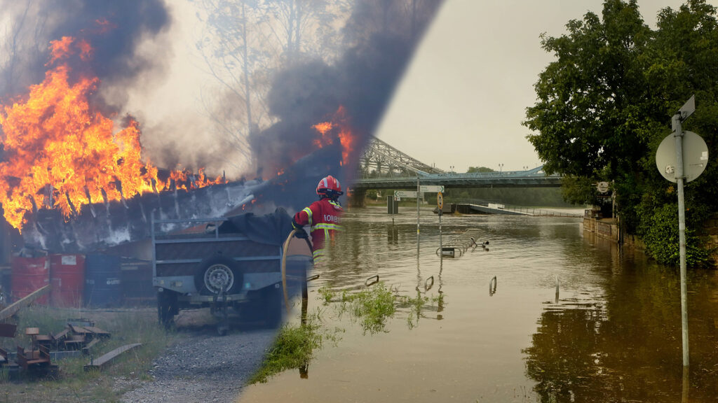 Portugal. Feuerwehrleute sind während eines Brandes in einem metallverarbeitenden Lagerhaus im Einsatz. Die Stadt im Norden des Landes ist von Waldbränden umgeben.// Elbehochwasser 2024 am Blauen Wunder in Dresden