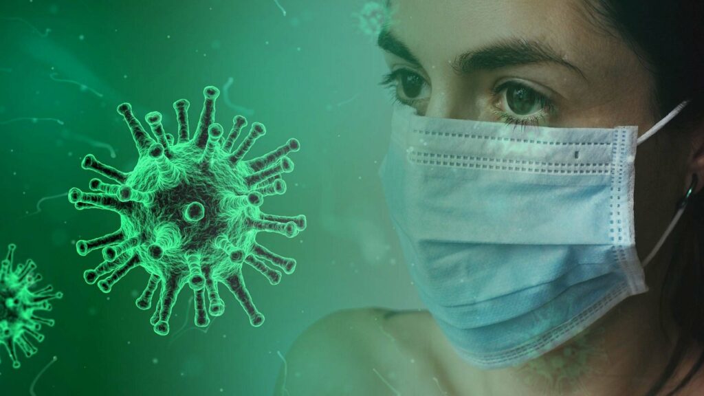 Corona-Virus und Frau mit Maske