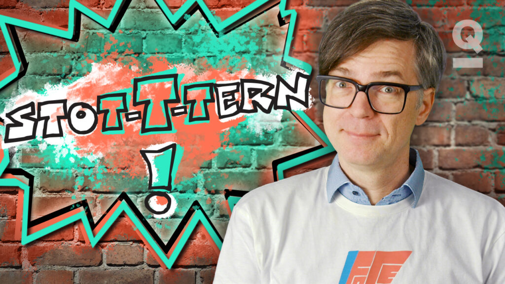 Ralph steht vor einer Mauer auf der Stot-t-t-tern! steht.