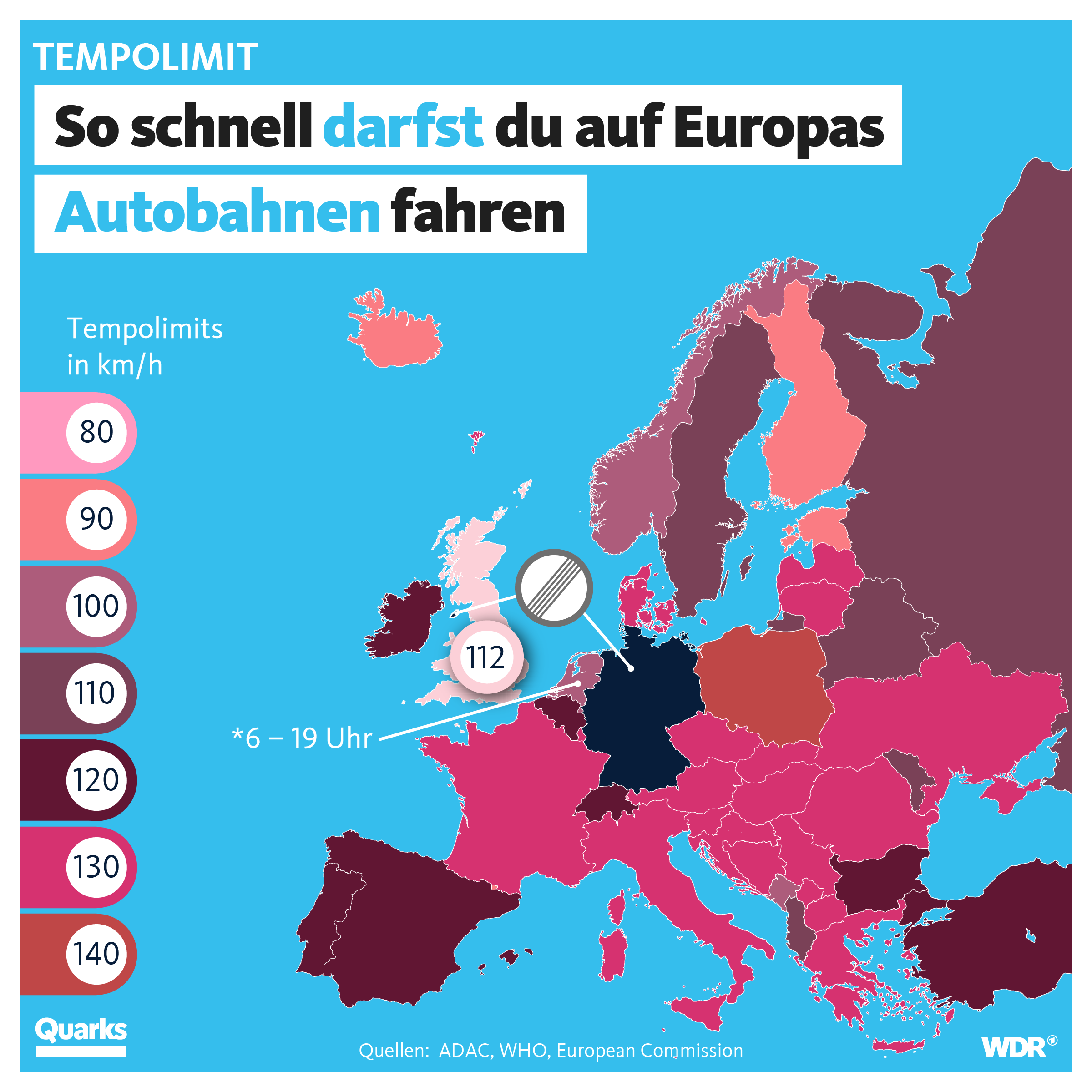 So schnell darfst du auf Europas Autobahnen fahren. Grafik: WDR
