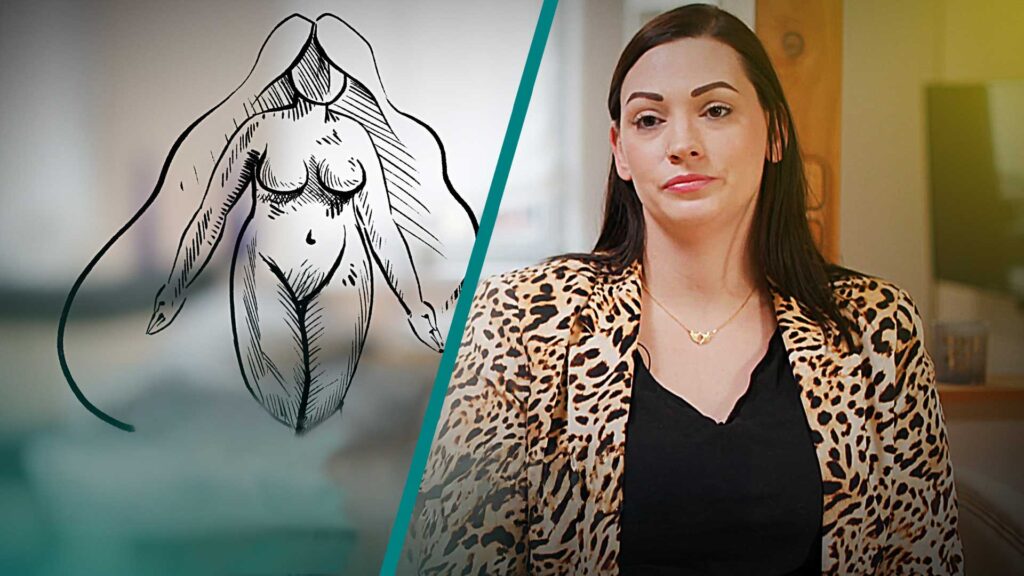 Die Protagonistin Silvana sitzt auf einem Sessel und hat eine Hand auf ihren Bauch gelegt. In der anderen Hand hält sie ein Handy. Neben ihr ist eine Illustration einer Frau.