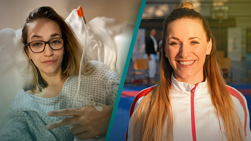 Zweiteiliges Porträt einer Frau: links im Krankenhausbett mit Infusion, rechts gesund und lächelnd im Sportanzug in Sporthalle.
