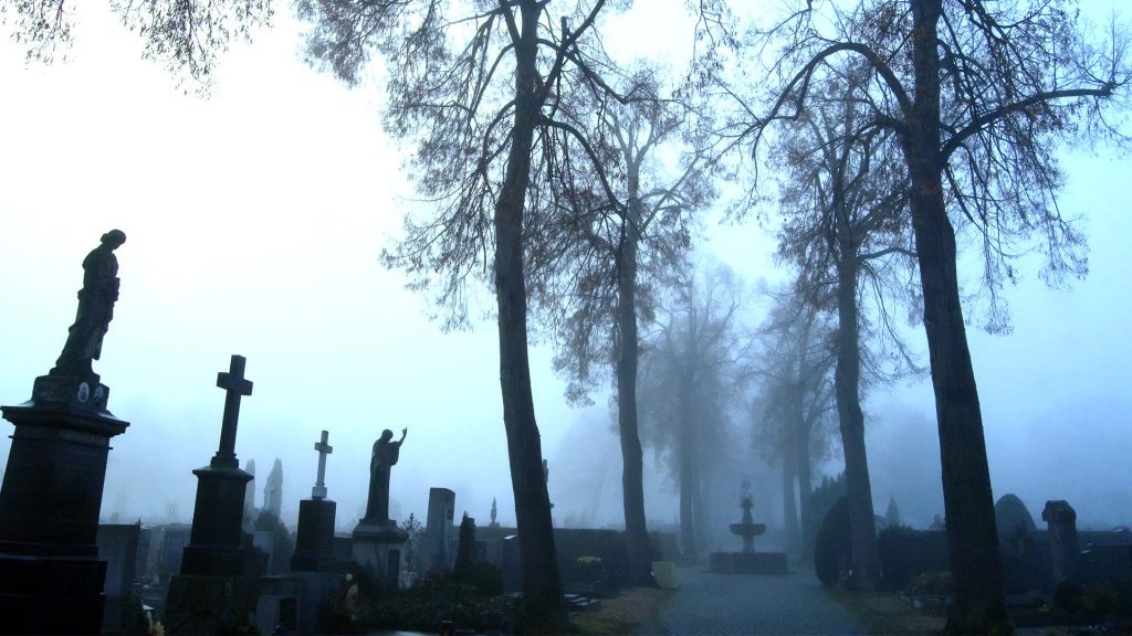 Nebel auf einem Friedhof