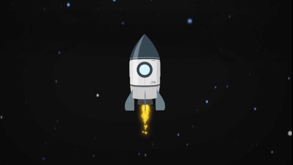 Illustration einer Rakete die im All ist. Aus dem Raketenantrieb kommen gelbe Flammen.