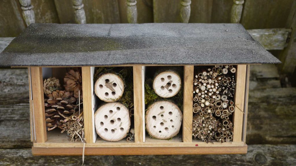 Ein selbst gebautes Insektenhotel, z.B. für Wildbienen.