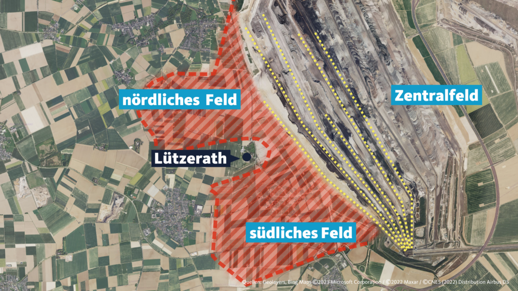 So soll abgebaggert werden. Grafik, die das südliche, das nordliche und das Zentralfeld des Tagebau Garzweiler II zeigt