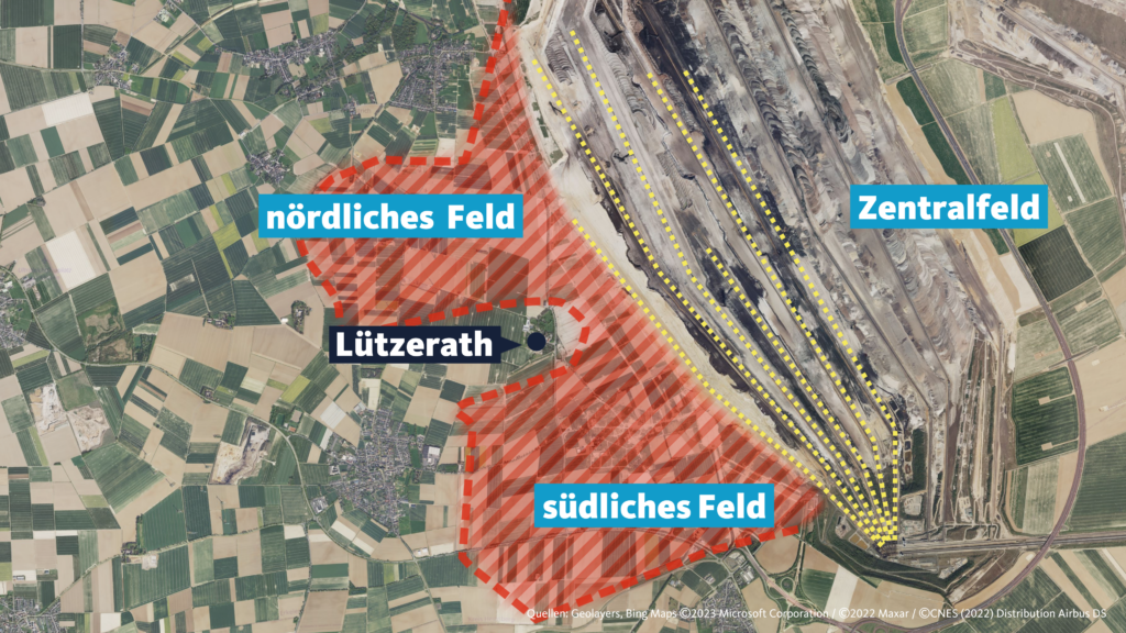 Grafik, die das südliche, das nordliche und das Zentralfeld des Tagebau Garzweiler II zeigt