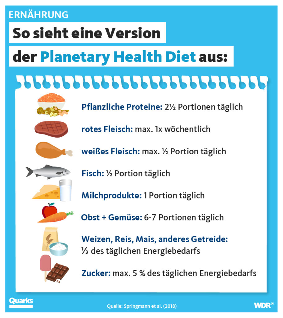 Die Grafik listet Lebensmittelkategorien wie rotes Fleisch, Obst, Gemüse, pflanzliche Proteine auf und fügt Mengenempfehlungen zum täglichen Verzehr hinzu. 
