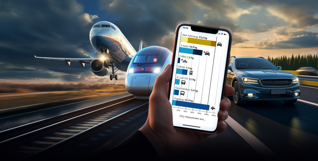 Handy zeigt CO2-Rechner von Quarks, dahinter Auto, Flugzeug, Bahn