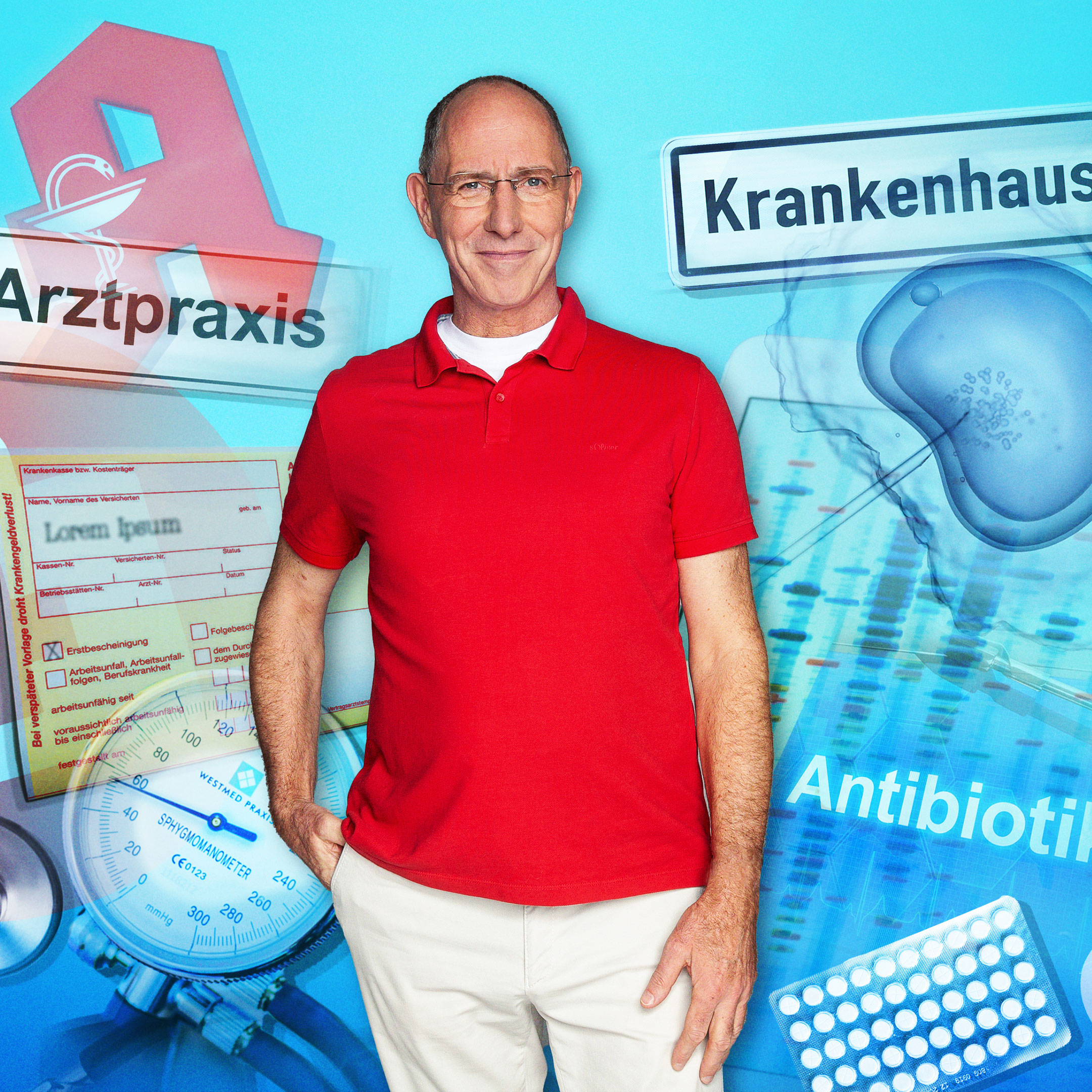 Thomas Ranft vor Symbolen des Gesundheitssystems