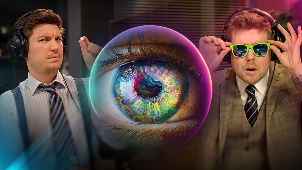 Die Science Cops blicken in die Kamera. Zwischen Ihnen ist ein Auge zu sehen. Jonathan hält mit fragendem Gesichtsausdruck eine Tablette in der linken Hand, Max trägt eine neongrüne Sonnenbrille, die er mit beiden Händen festhält und blickt geöffnetem Mund in die Kamera.