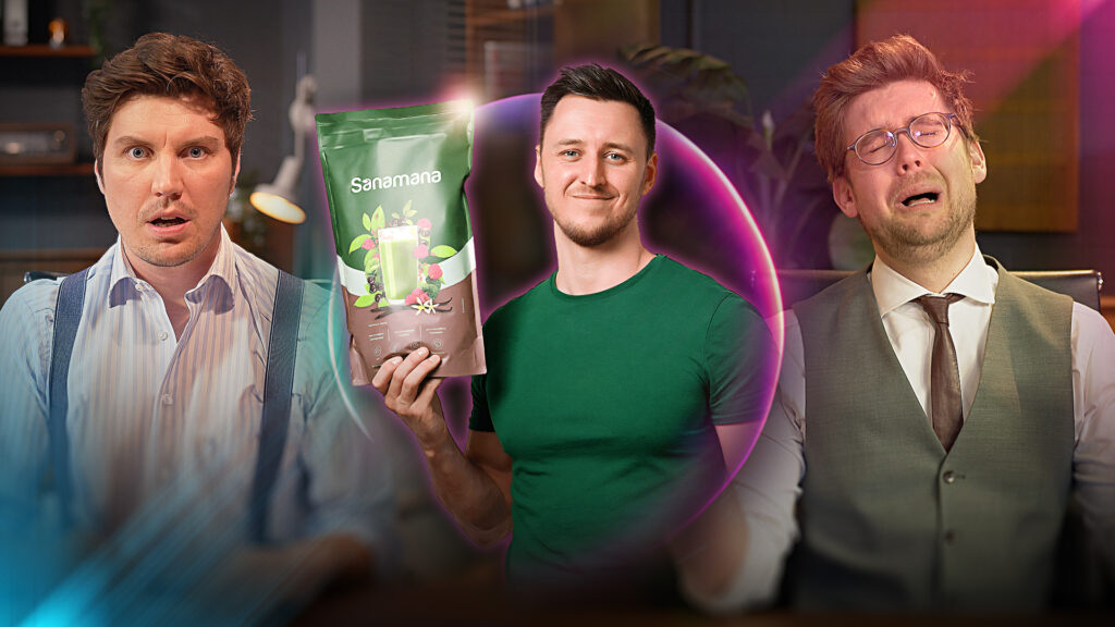 Die Science Cops Jonathan und Max schauen entsetzt in die Kamera. Zwischen ihnen ist Jasper Caven zu sehen, der einen Beutel mit seinem Produkt Sanamana in der Hand hält.