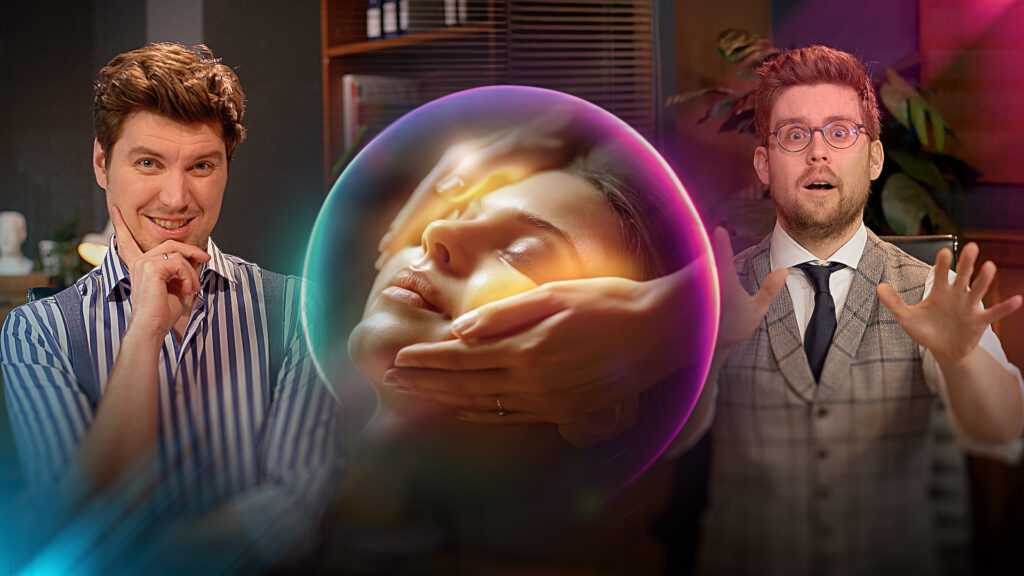 Die Quarks Science Cops mit überraschten und nachdenklichen Gesichtsausdrücken, neben ihnen eine leuchtende Kugel mit einer Frau, die Reiki erhält.