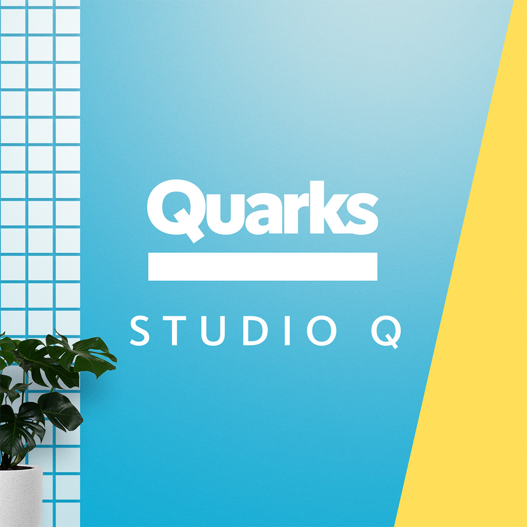 Studio Q Banner in blau, gelb und weiß. Unter links ist eine Topfpflanze zu erkennen. Text: QUARKS - Studio Q