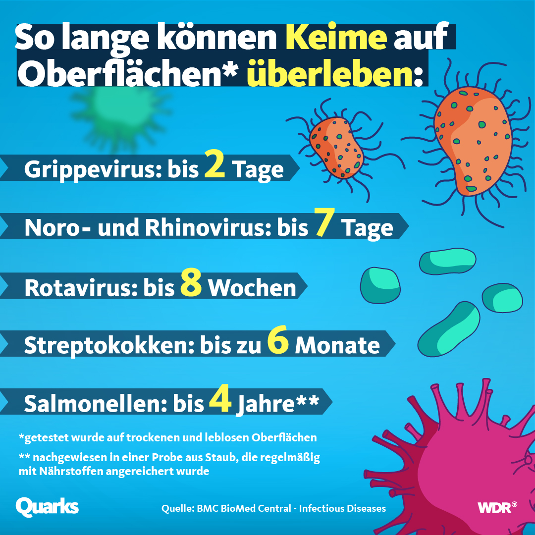 Infografik: Solange überleben Keime auf verschiedenen Oberflächen