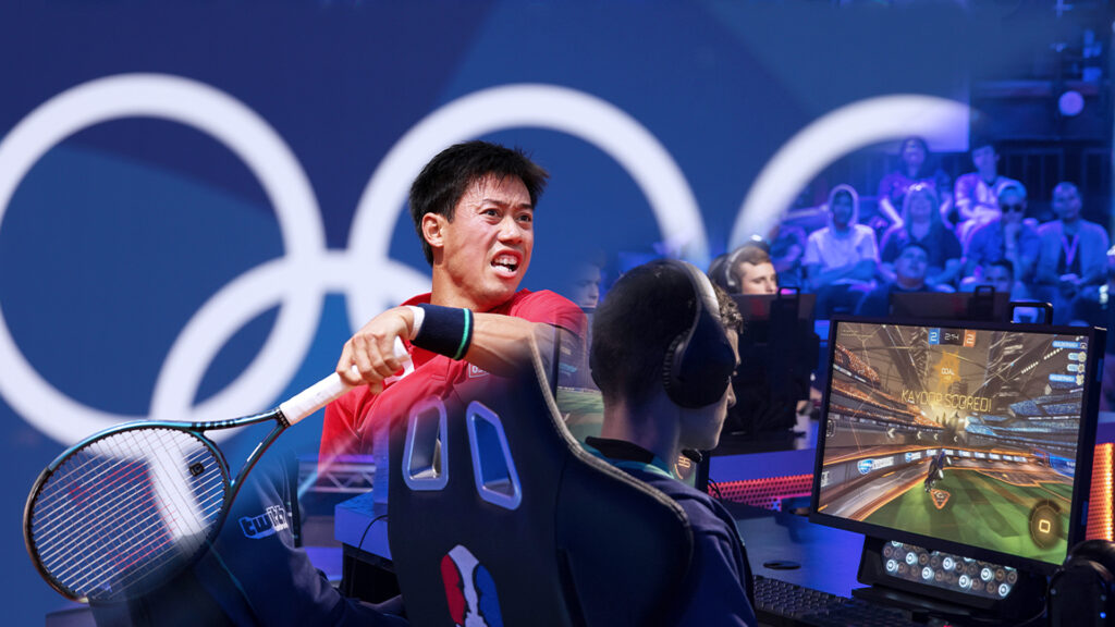 Links oben trainiert der japanische Tennis-Spieler Kei Nishikori in Paris für die olympischen Spiele 2024. Unten rechts spielt ein Mann das Computerspiel Rocket League vor Publikum bei den Universal Open Rocket League Grand Finals.