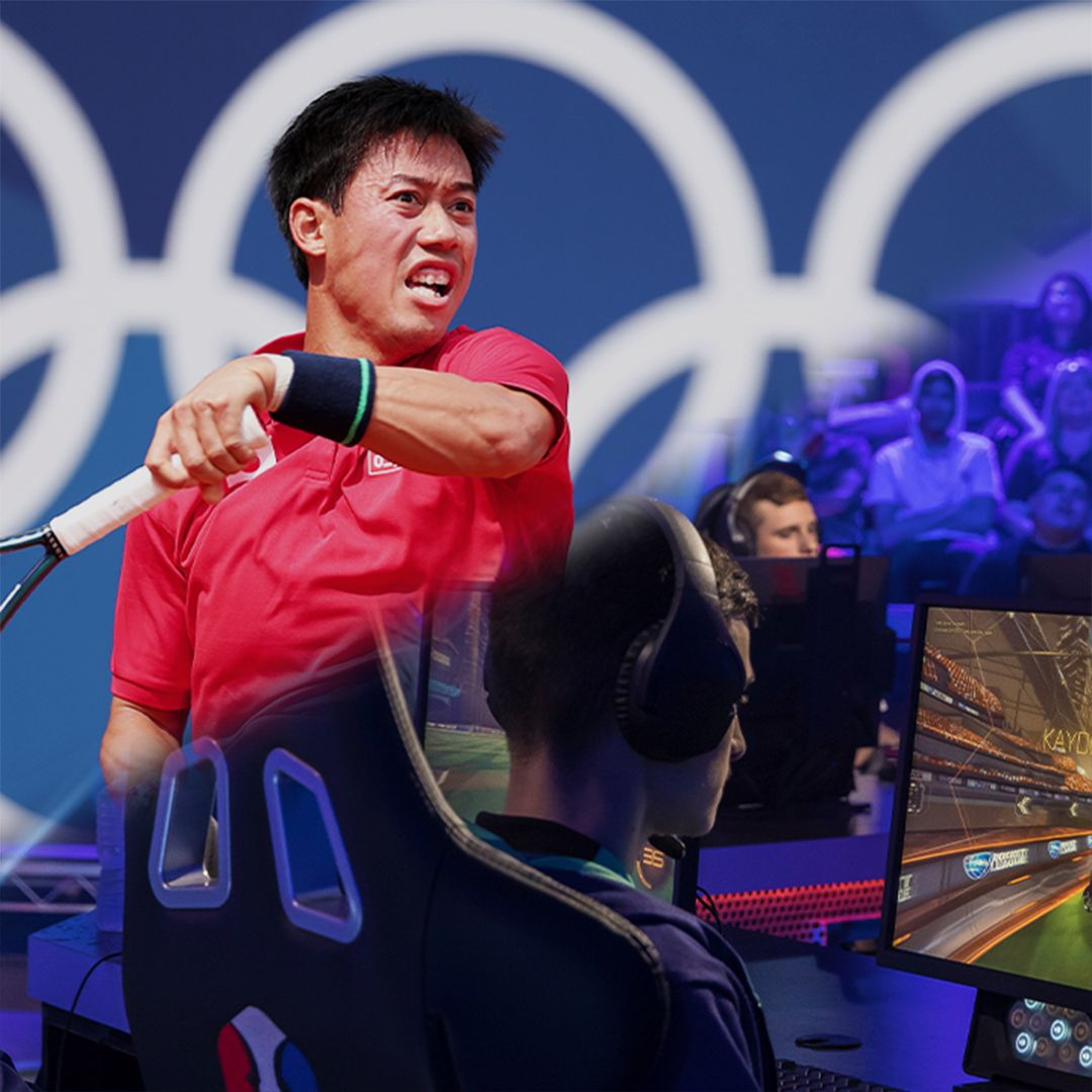 Links oben trainiert der japanische Tennis-Spieler Kei Nishikori in Paris für die olympischen Spiele 2024. Unten rechts spielt ein Mann das Computerspiel Rocket League vor Publikum bei den Universal Open Rocket League Grand Finals.