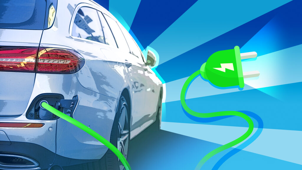 E-Auto seitlich mit neongrünem Ladekabel.