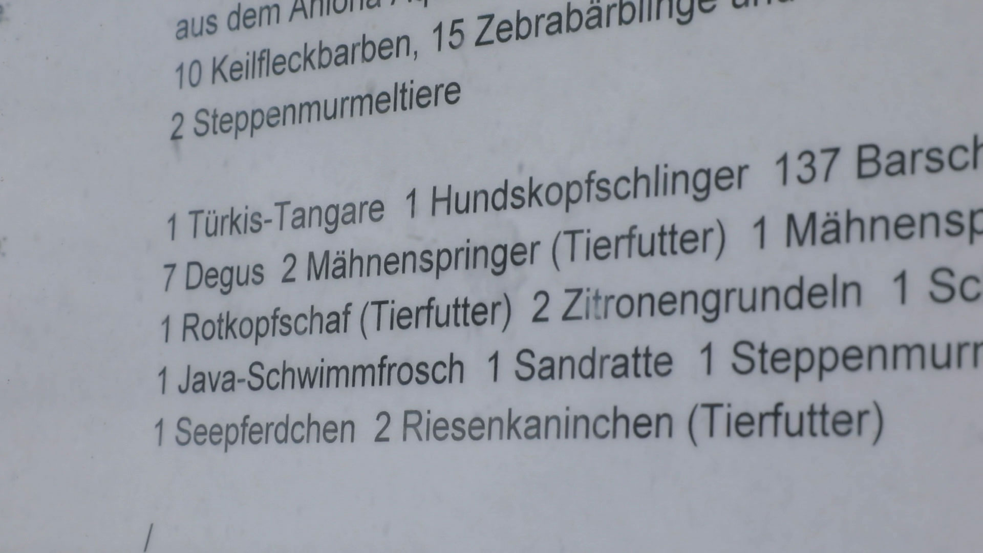 Liste mit verfütterten Tieren im Nürnberger Zoo