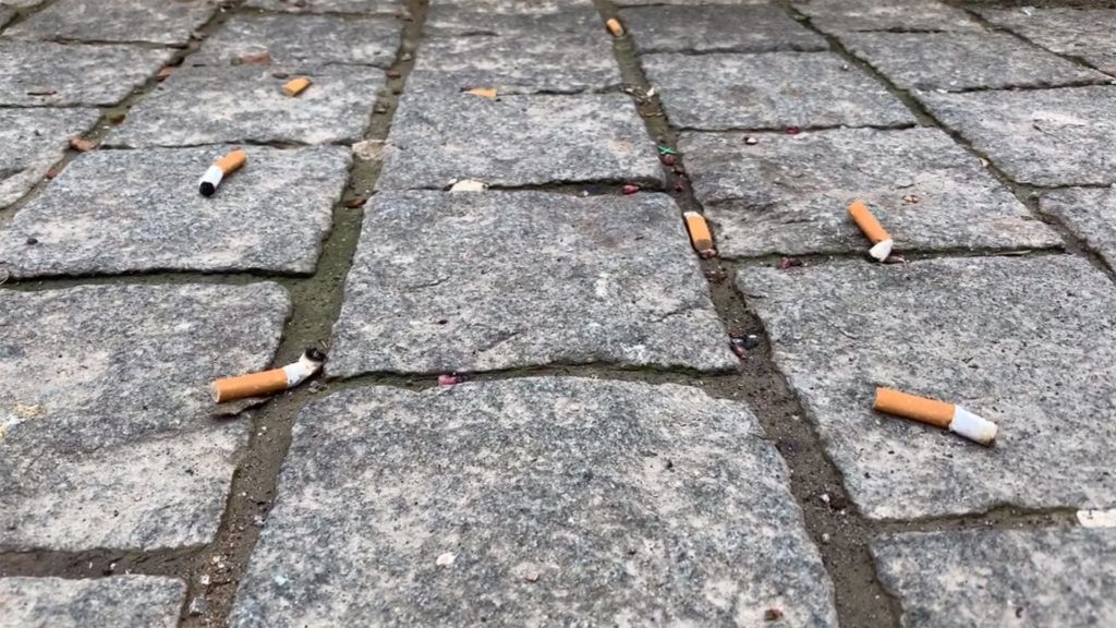 Weggeworfene Zigarettenkippen liegen auf der Straße
