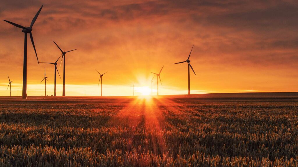 Mehrere Windräder stehen in der Nähe eines Feldes. Die Sonne ist gerade dabei, unterzugehen.