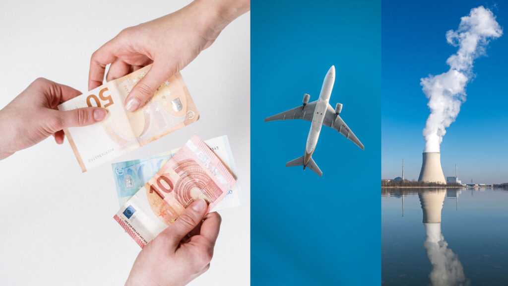 Geldübergabe und Flugzeug und Atmokraftwerk